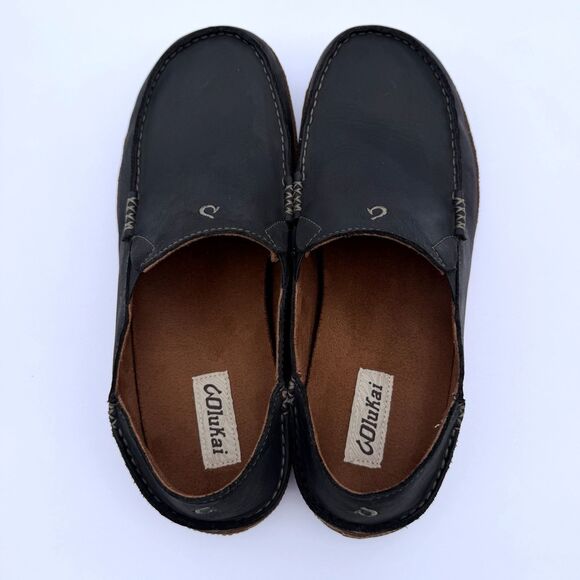 OluKai Moloa Black Leather Loafers Slip Ons mens 12 Excellent Condition main image 12